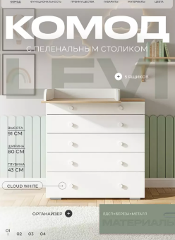 Комод RANT "LEVI" 80 см 5 ящиков с органайзером (арт.128) Cloud White